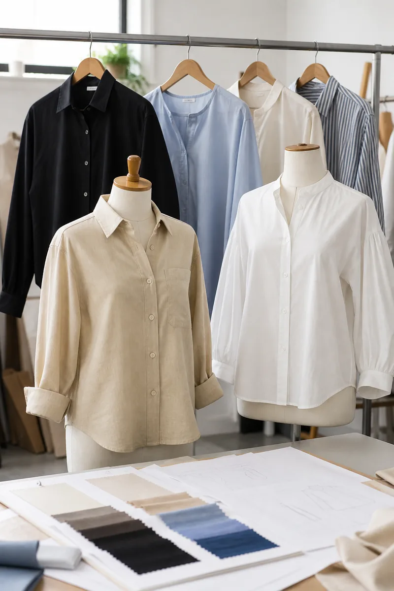 Tops, blouses and shirts with different collars, cuffs and fabrics
