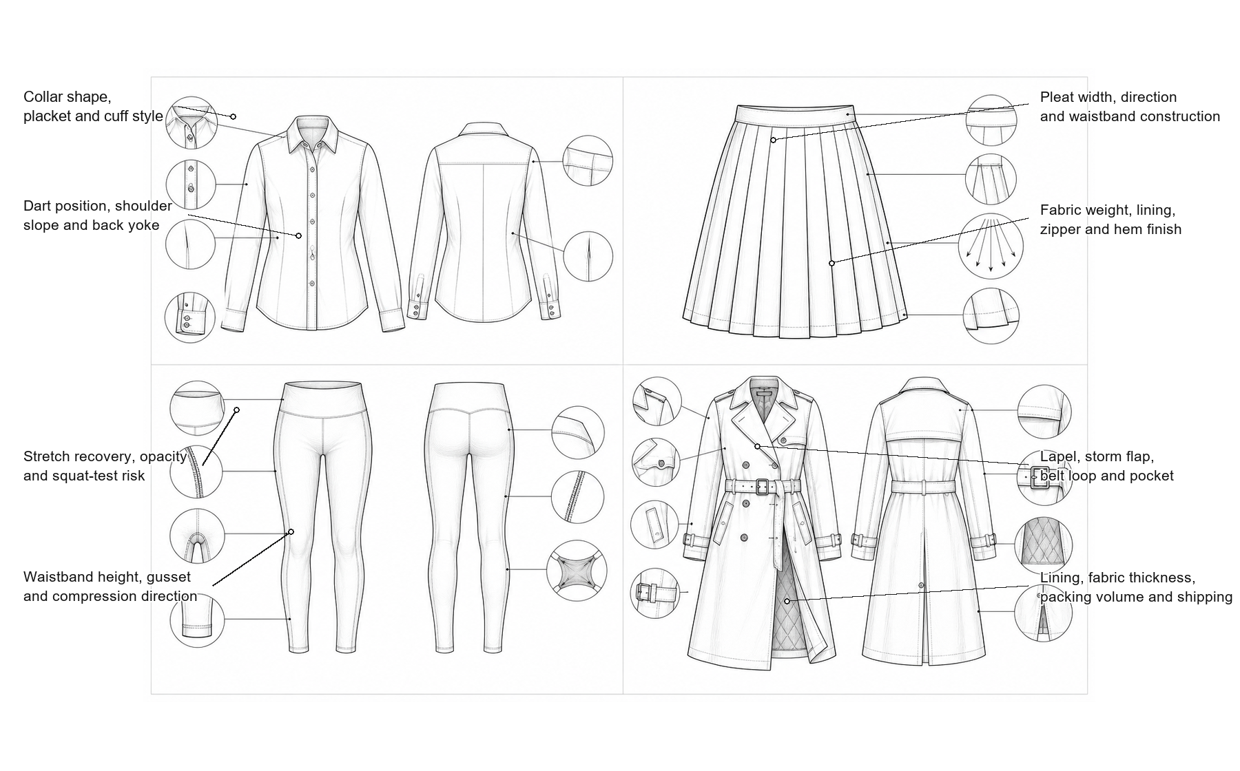 Labeled garment technical sketches for shirt, skirt, leggings and trench coat development details