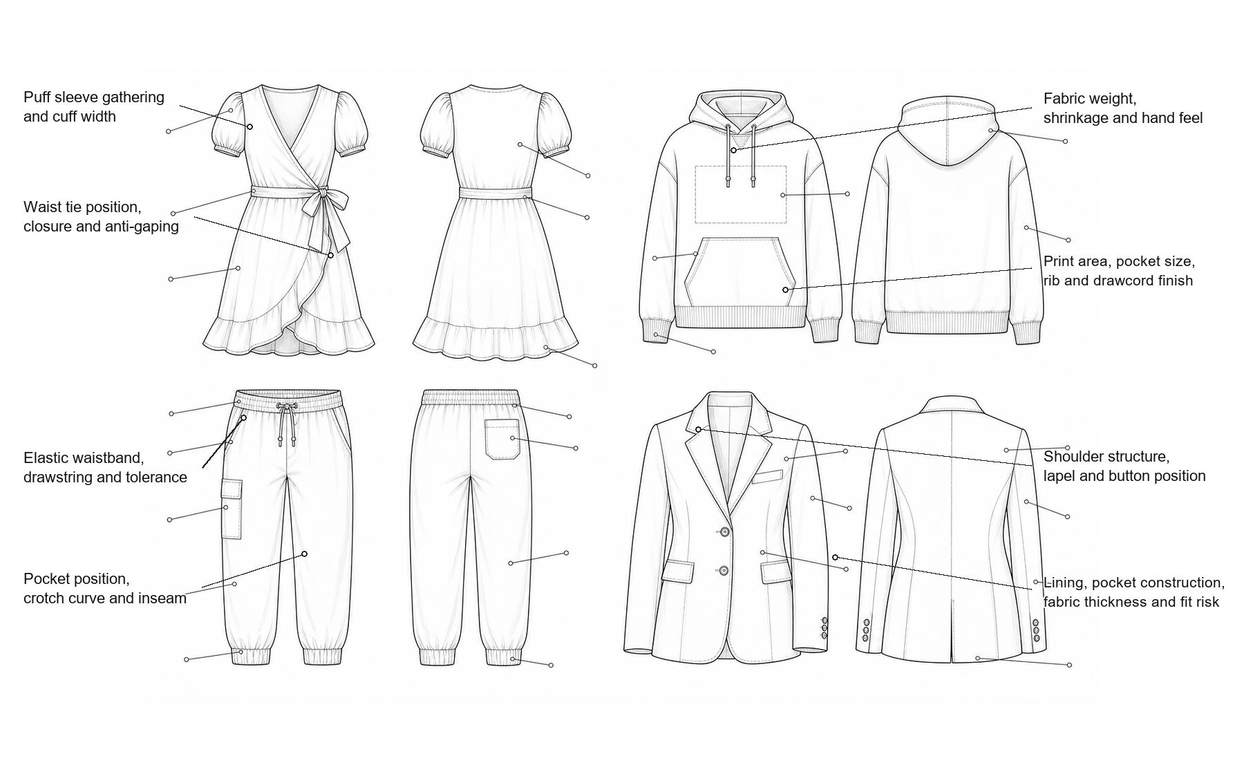 Labeled garment technical sketches for dress, hoodie, pants and blazer development details
